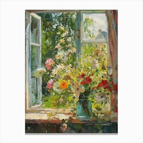 Cosmos Flowers On A Cottage Window 4 Canvas Print