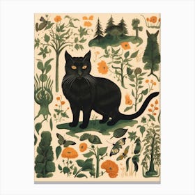 Floral Medieval Illustration With Black Cat Canvas Print