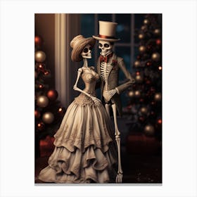 Two Skeletons Are Standing Next To A Christmas Tree Canvas Print