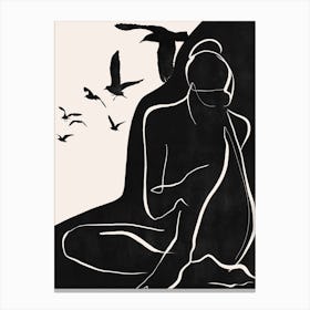 Woman Silhouette With Birds Canvas Print