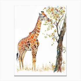 Giraffe By The Tree Watercolour 1 Canvas Print