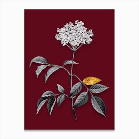 Vintage Elderflower Tree Black and White Gold Leaf Floral Art on Burgundy Red n.0018 Canvas Print