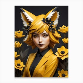 Low Poly Floral Fox Girl, Black And Yellow (27) Canvas Print