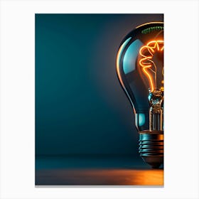 A Vintage Light Bulb With A Glowing Filament, Casting A Warm Orange Glow On A Dark Blue Background Canvas Print