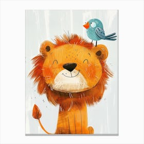 Small Joyful Lion With A Bird On Its Head 22 Canvas Print