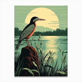Vintage Bird Linocut Green Heron 4 Canvas Print