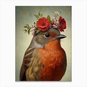 Robin Bird With Flower Crown Canvas Print