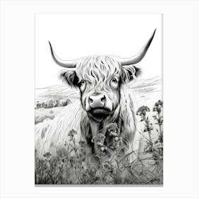 Black & White Illustration Of Highland Cow With Wild Flowers Canvas Print