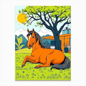 Horse Lay Under A Tree - Color Drawing Canvas Print