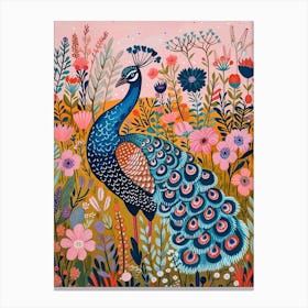Floral Folky Peacock In The Meadow 2 Canvas Print