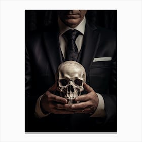 A Hand In A Suit Is Holding One Of The White Skulls Canvas Print