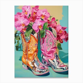 Oil Painting Of Pink And Red Flowers And Cowboy Boots, Oil Style 1 Canvas Print