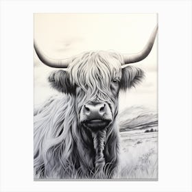 Black & White Watercolour Illustration Of Highland Cow 2 Canvas Print