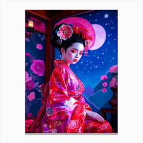 Geisha At Night - Red Illustration Canvas Print