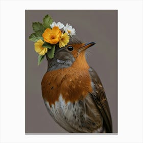 Bird With A Flower Crown European Robin Art Print 1 Canvas Print