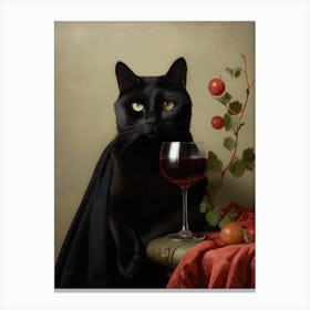A Black Cat With A Wine Glass In Front Of Him Painting Canvas Print