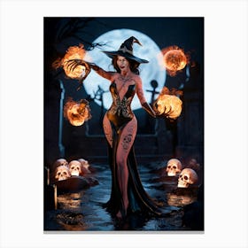 Sexy Evil Witch with Tattoos and Fireballs #5 Canvas Print