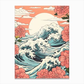 Great Wave With Cosmos Flower Drawing In The Style Of Ukiyo E 3 Canvas Print