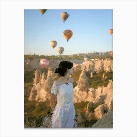 Beautiful Girl Watching Air Balloons, Oil Painting Canvas Print