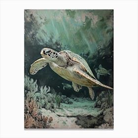 Textured Painting Of A Sea Turtle Exploring The Bottom Of The Ocean Canvas Print