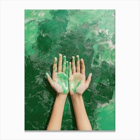 Green Hands Of Young Woman On Green Painting Canvas Print