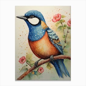 Blue Titmice Bird Floral Painting Canvas Print