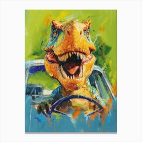 Dinosaur Driving A Car Blue Green Brushstroke 2 Canvas Print