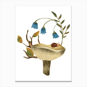 Snail On A Mushroom with blue flowers Canvas Print