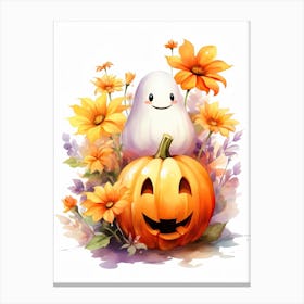 Cute Ghost With Pumpkins Halloween Watercolour 59 Canvas Print