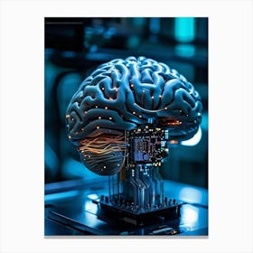 A Futuristic Ai Chip Represented By A Cybernetic Brain Pulsing With Life Adorned With Glowing Circu Canvas Print