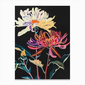 Neon Flowers On Black Chrysanthemum 2 Canvas Print