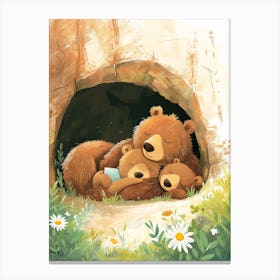 Brown Bear Family Sleeping In A Cave Storybook Illustration 3 Canvas Print