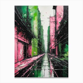 Pink Green City Abstract Painting Canvas Print