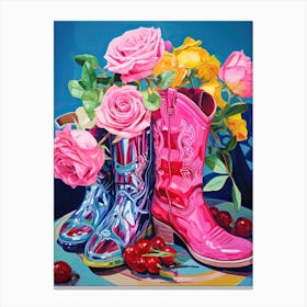 Oil Painting Of Roses Flowers And Cowboy Boots, Oil Style 2 Canvas Print