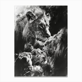African Lion Charcoal Drawing Interaction With Other Wildlife 4 Canvas Print