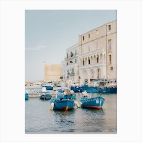 Blue Fishing Boats In The Harbor of Monopoli, Puglia in Italy - travel photography 1 Canvas Print