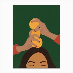 Woman Balancing Lemons On Her Head Canvas Print
