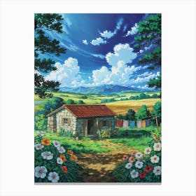 Anime Canvas Art: Idyllic Countryside Landscape with a Rustic House, Blooming Flowers, and Majestic Mountains, Perfect for Lofi Aesthetic and Nature Lovers. Canvas Print