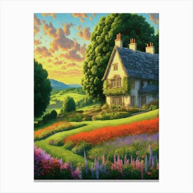 Blooming Flower Field With Idyllic Farmhouse Canvas Print