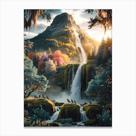 Mountain Waterfall with Wildlife Painting #8 Canvas Print