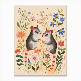 Folksy Floral Animal Drawing Oppossum Canvas Print