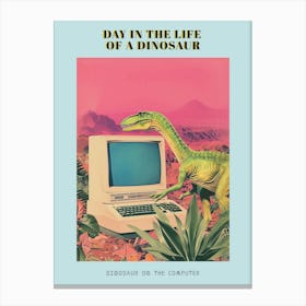 Dinosaur At A Computer Retro Collage 3 Poster Canvas Print