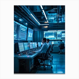 Cyber Industrial Automation Control Room With Sleek Ergonomic Workstations Translucent Holographic (2) Canvas Print