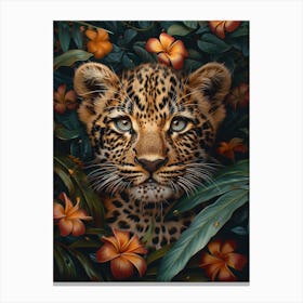 A Happy Front faced Leopard Cub In Tropical Flowers 12 Canvas Print