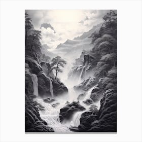 Shosenkyo Gorge In Yamanashi, Ukiyo E Black And White Line Art Drawing 2 Canvas Print