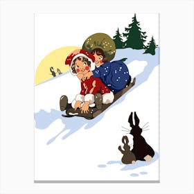 Two Girls Sledding On A Snow Canvas Print