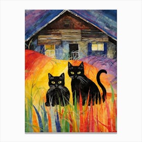 Two Black Cats In Front Of A Barn Canvas Print