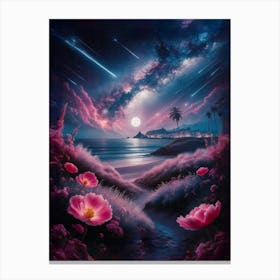 Night Sky With Pink Flowers Canvas Print