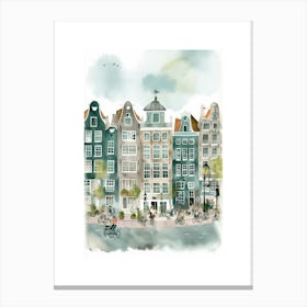 Amsterdam Houses Green Watercolour Canvas Print
