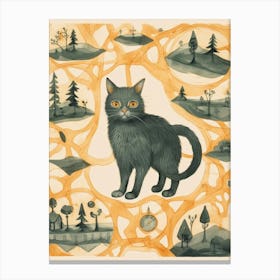 Grey Cat On Medieval Map 2 Canvas Print